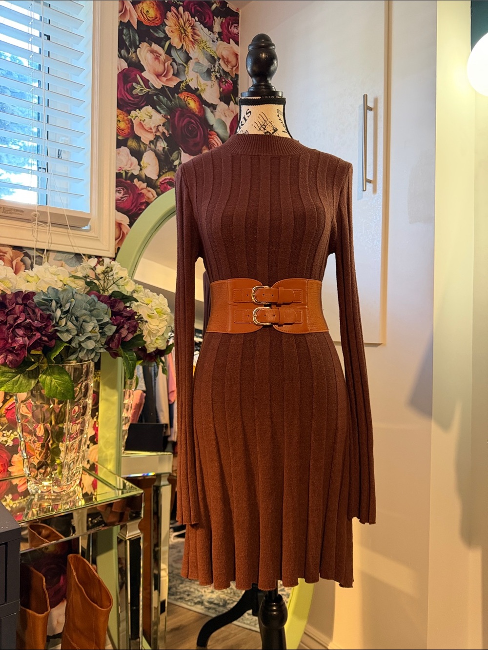Zara Chocolate Brown Ribbed Long-Sleeve Knit Dress with Tan Belt Accent